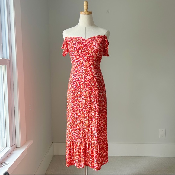 Lulus Dresses & Skirts - Lulu’s Mariana Red Floral Print Off the Shoulder Midi Dress